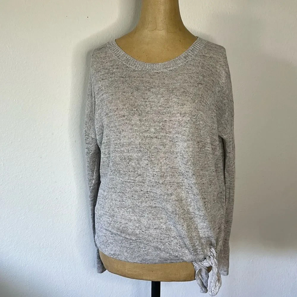 White + Warren sz M heathered grey linen sweater w/ side tie detail great cond